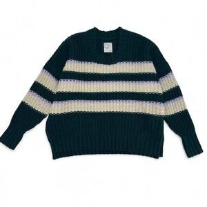 Aerie Offline Striped Chunky Knit Sweater L Green Cream Lilac Thumbholes